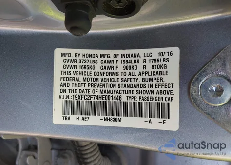 2017 Honda Civic Ex from USA, damaged, VIN 19XFC2F74HE001446